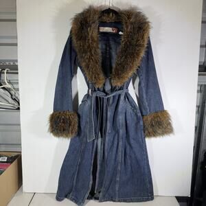 Guess Denim Trench Coat with Faux Fur Trim - Blue & Brown